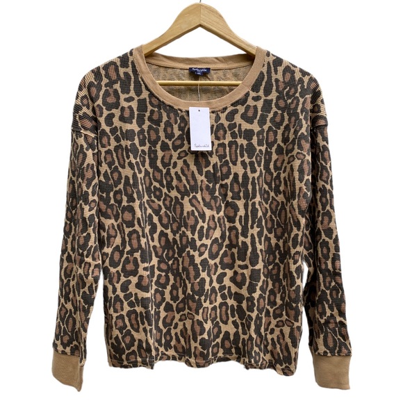 Splendid Thermal Leopard Animal Natural Crew Neck Long Sleeve Pullover Small NWT - Picture 2 of 10